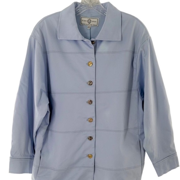 St John Vintage Oversize Lt Blue Barn Jacket Stretch Cotton Logo Button Sz Small - Picture 6 of 10